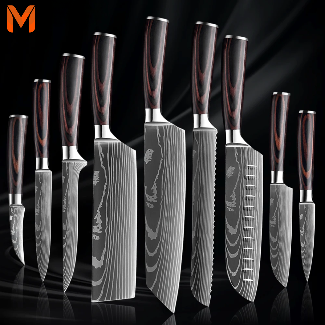 SANTOKU 文化包丁 Damascus Carbon Steel 9 Piece Kitchen Knife Set