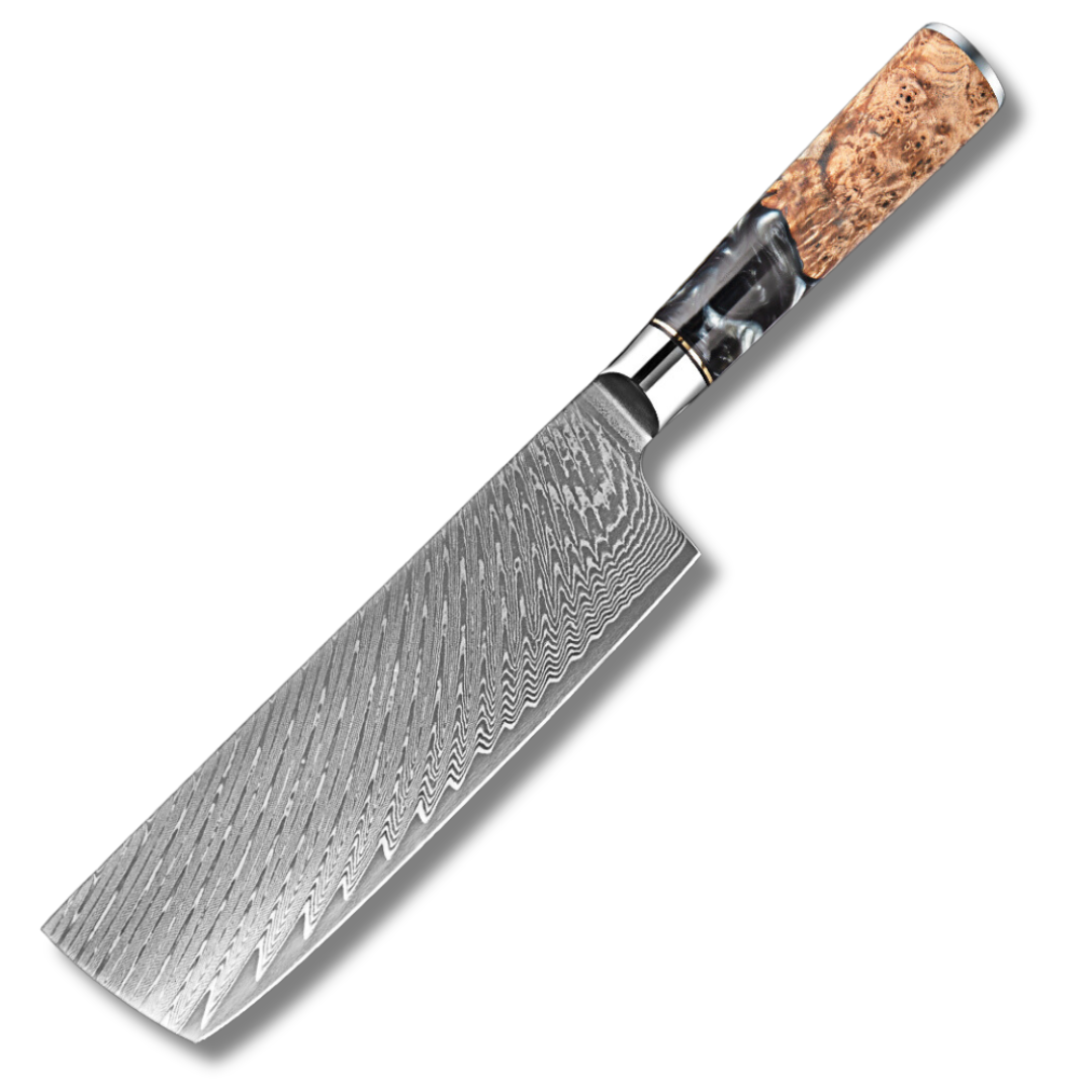 SANTOKU 文化包丁 Luxury Nakiri Knife 7" Unique Resin & Wood Handle Forged 67 Layer Damascus Steel