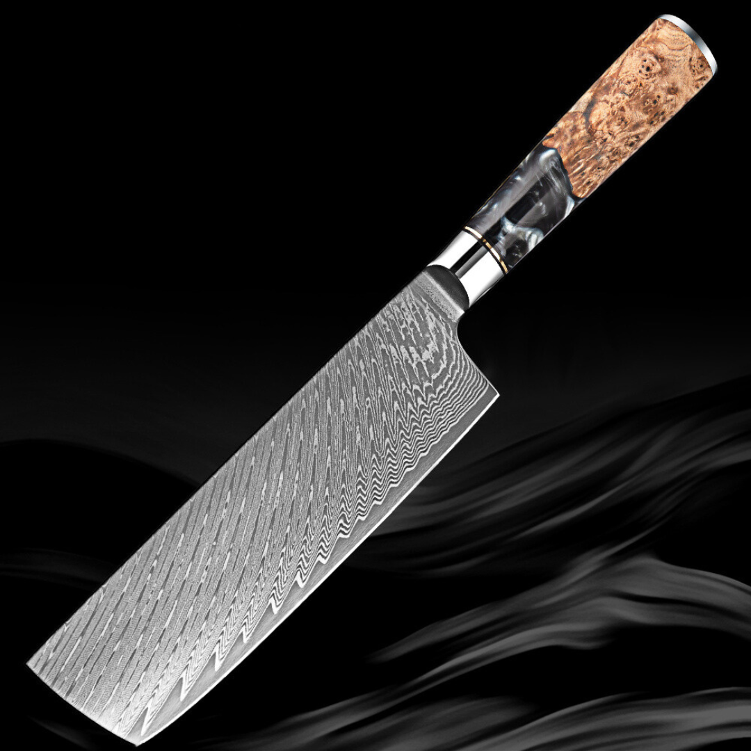 SANTOKU 文化包丁 Luxury Nakiri Knife 7" Unique Resin & Wood Handle Forged 67 Layer Damascus Steel