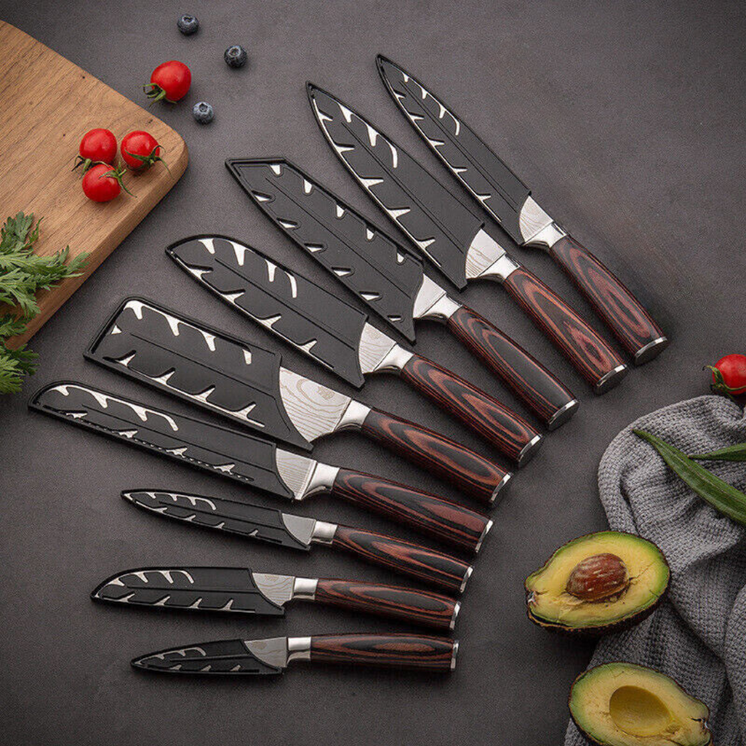 SANTOKU 文化包丁 Damascus Carbon Steel 9 Piece Kitchen Knife Set