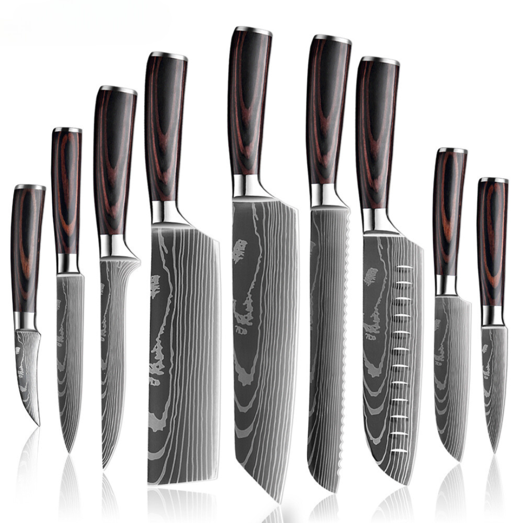 SANTOKU 文化包丁 Damascus Carbon Steel 9 Piece Kitchen Knife Set