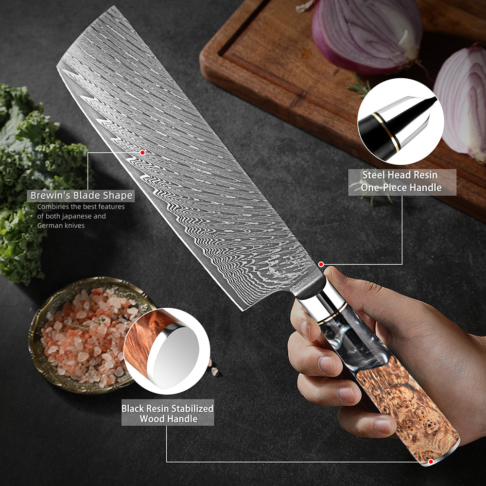 SANTOKU 文化包丁 Luxury Nakiri Knife 7" Unique Resin & Wood Handle Forged 67 Layer Damascus Steel