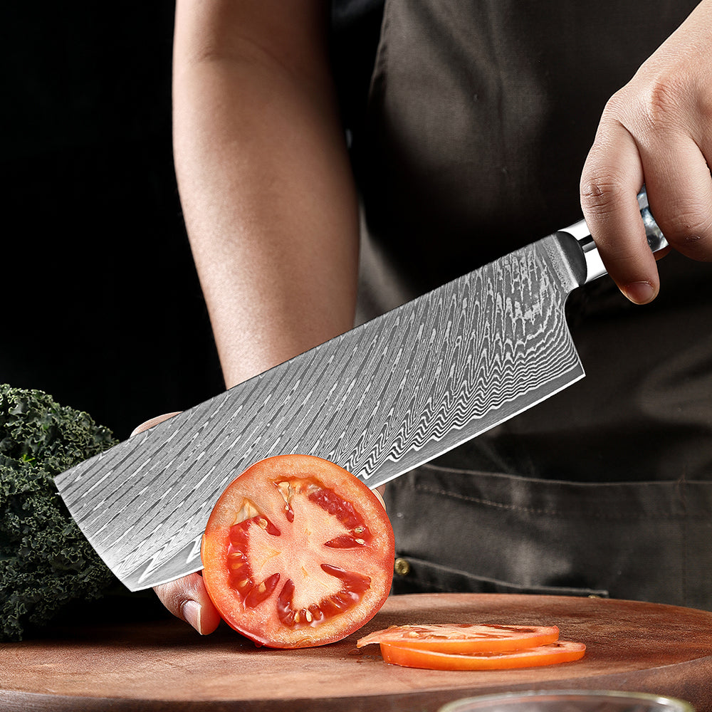 SANTOKU 文化包丁 Luxury Nakiri Knife 7" Unique Resin & Wood Handle Forged 67 Layer Damascus Steel